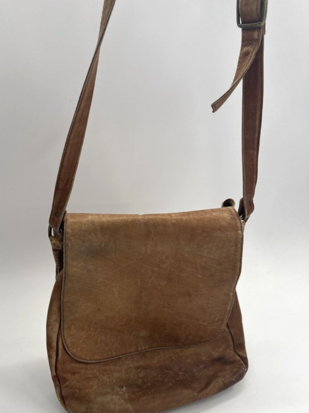 Boulder Ridge Messenger Bag Tan Cowhide Leather Plaid Lined Pockets Distressed - Picture 10 of 16